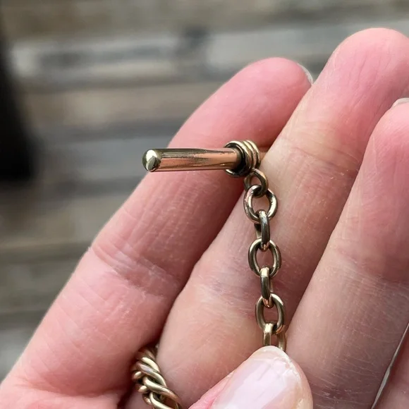 28.46 Gram Gold Filled Albert Chain with Dog Clip, T-Bar and Slide Charm- Flaw - Picture 15 of 17